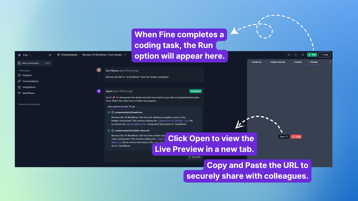 Fine's AI generated code is run and tested in the cloud