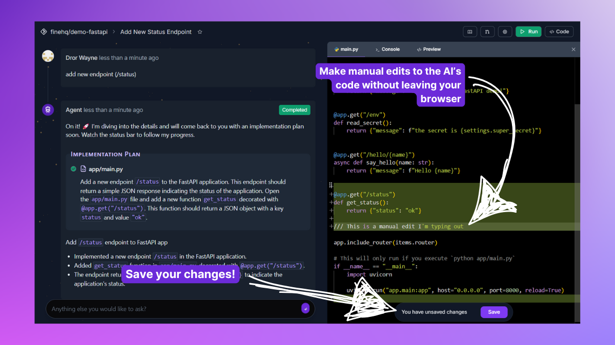edit AI generated code in browser