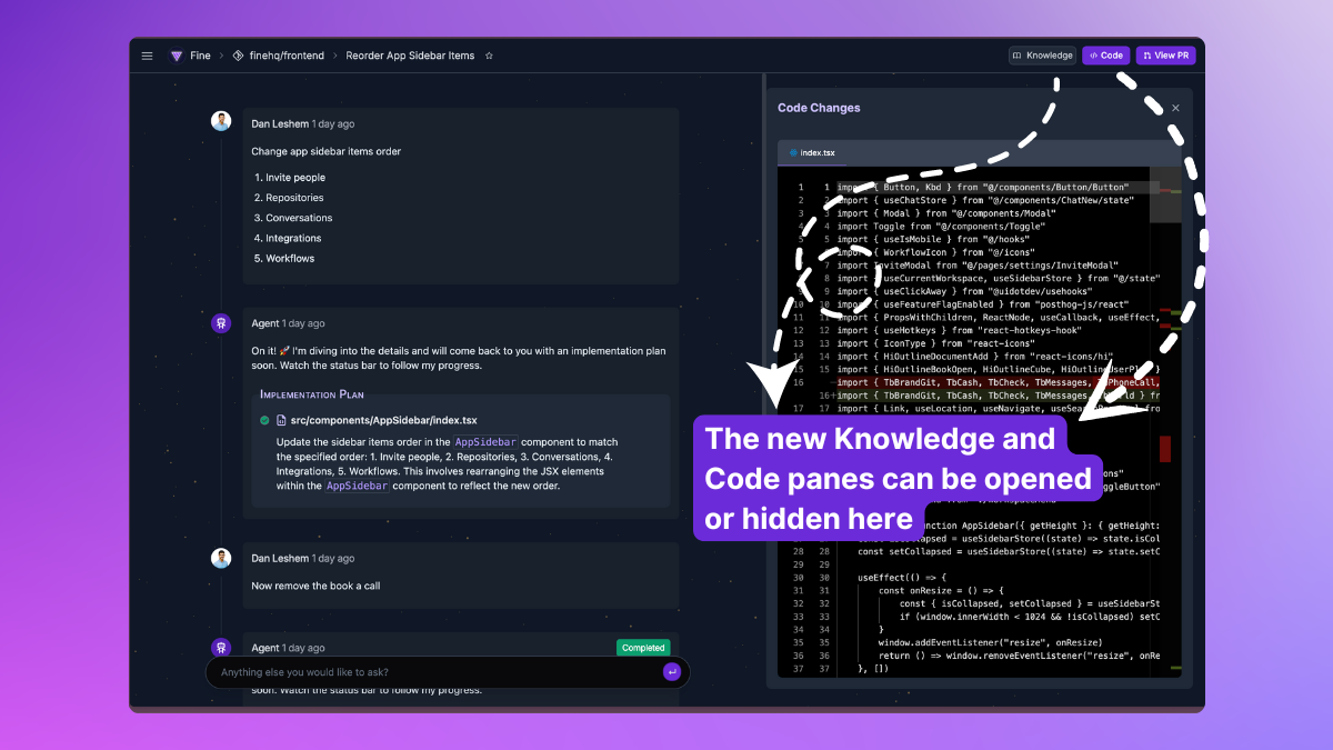 AI Coding tool displays code written and knowledge sources from codebase