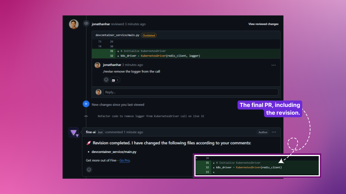 AI Coding tool makes a revision to a PR in GitHub based on developer's request