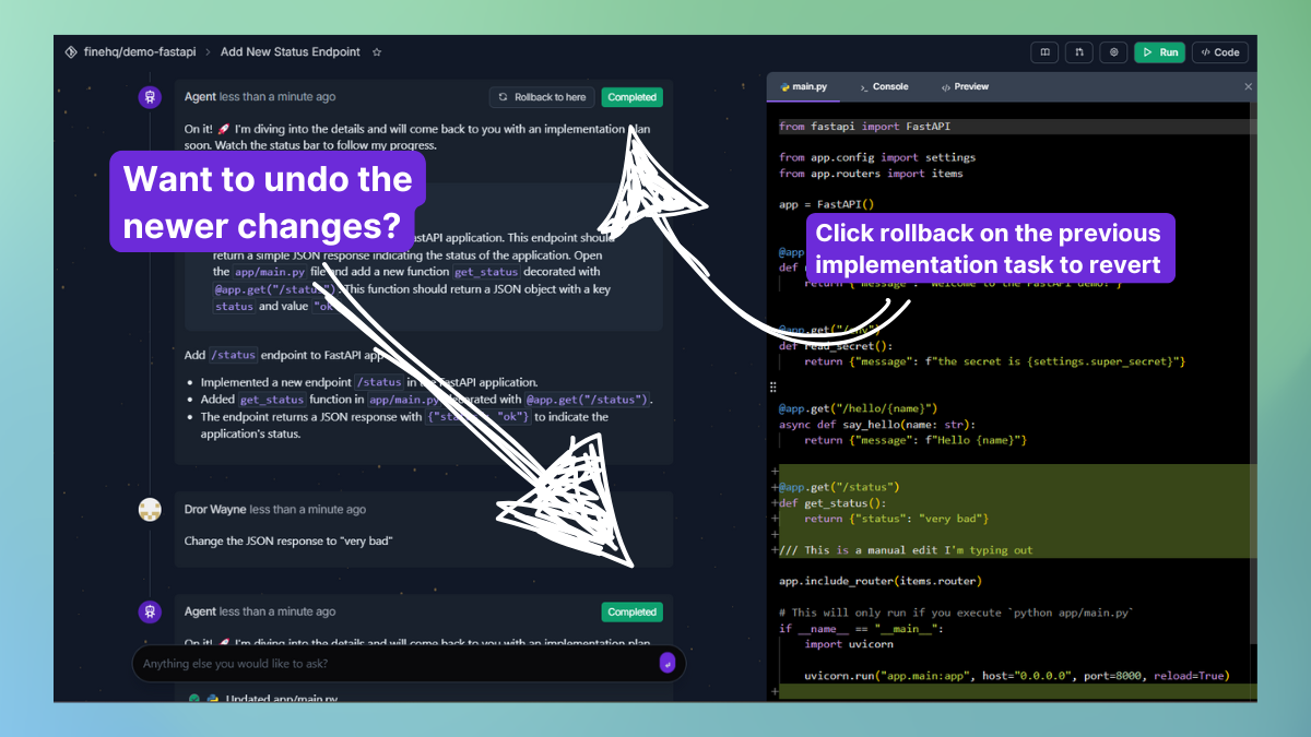 rollback AI code changes in Fine
